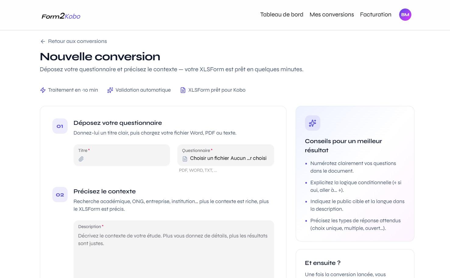 Écran Nouvelle conversion — dépôt du questionnaire, précision du contexte et conseils associés